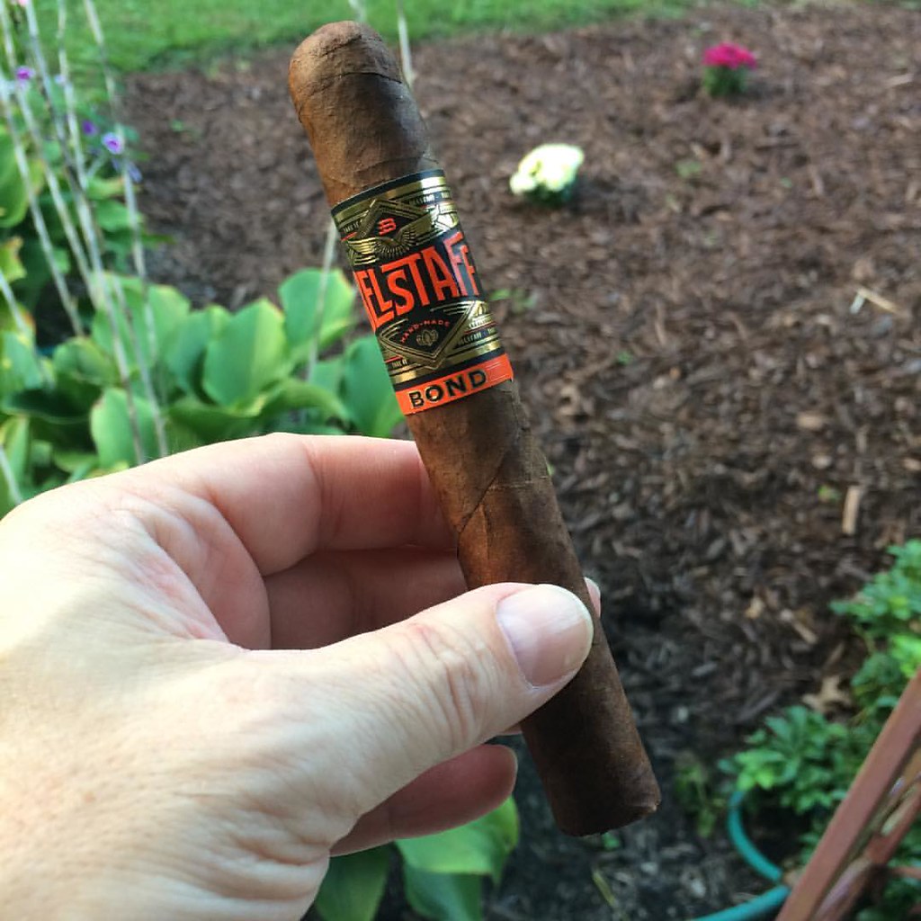 Craig's hand holding a Belstaff Bond cigar beside a garden bed