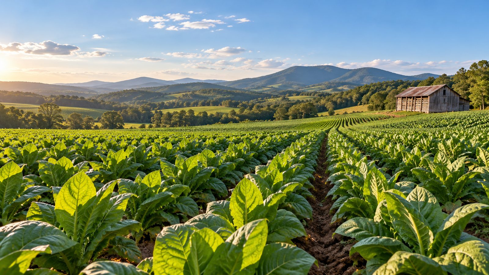 Rows of green tobacco plants under a blue sky with rolling hills behind