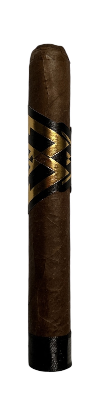 The Beast Mode cigar by Kingmakers standing upright, with a black and gold band