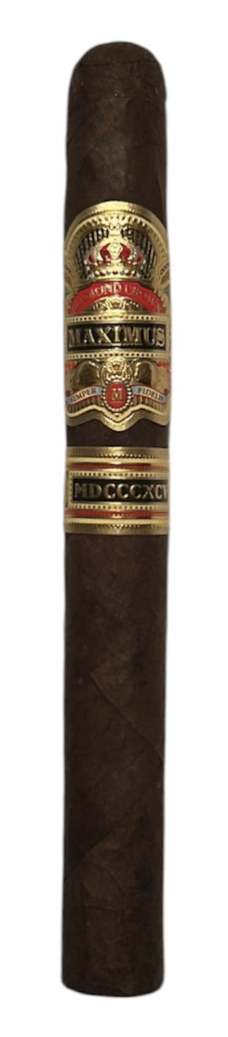 The Diamond Crown Maximus No. 2 cigar standing upright, with red and gold bands