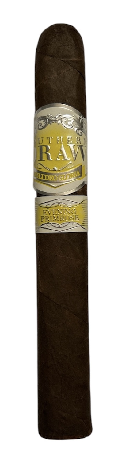 The Southern Draw Evening Primrose cigar standing upright, with cream and yellow bands
