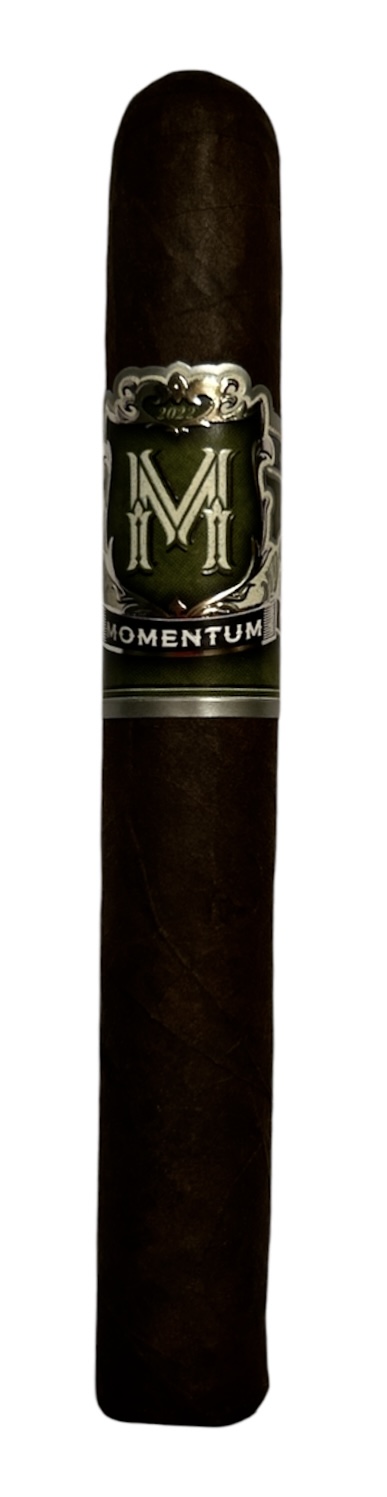 The Tabanero Momentum Maduro Toro standing upright, with a green M band